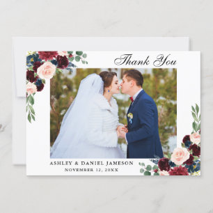 Burgundy Blue Floral Wedding Photo Thank You Card