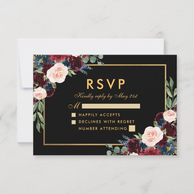 Burgundy Blue Floral Wedding RSVP Black Gold (Front)