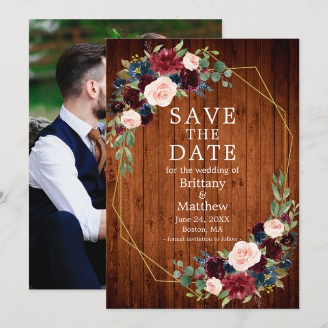 Burgundy Blue Floral Wood Geo Frame Photo Save The Date (Front/Back)