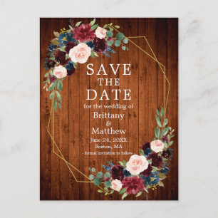 Burgundy Blue Floral Wood Geo Frame Save the Date Postcard