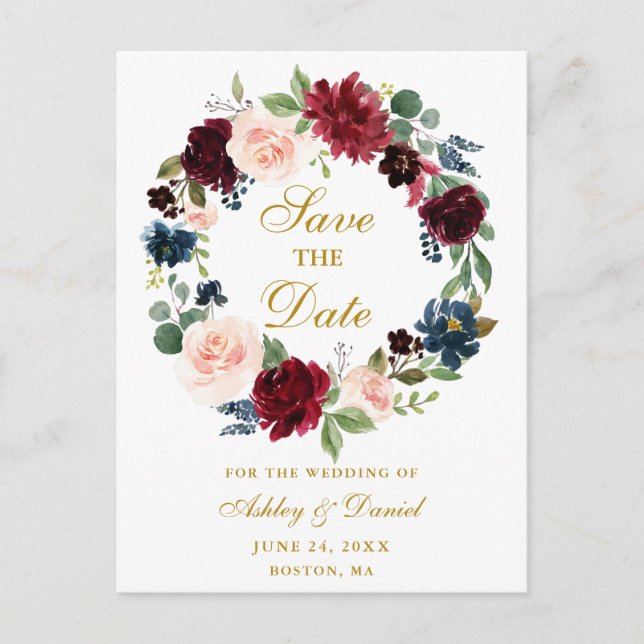 Burgundy Blue Floral Wreath Gold Save the Date Announcement Postcard (Front)