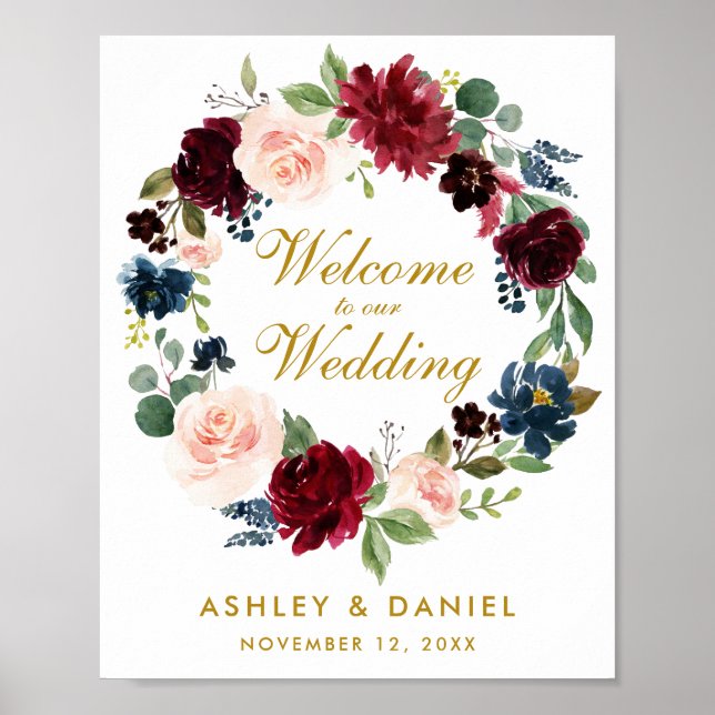 Burgundy Blue Floral Wreath Gold Wedding Welcome Poster (Front)