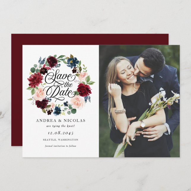 Burgundy & Blue Floral Wreath Photo Save the Date (Front/Back)