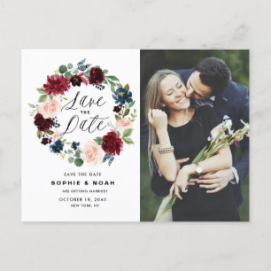 Burgundy & Blue Floral Wreath Photo Save the Date Announcement Postcard