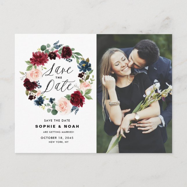 Burgundy & Blue Floral Wreath Photo Save the Date Announcement Postcard (Front)