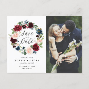 Burgundy & Blue Floral Wreath Photo Save the Date Announcement Postcard