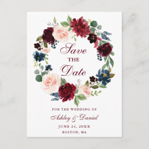 Burgundy Blue Floral Wreath Save the Date Announcement Postcard