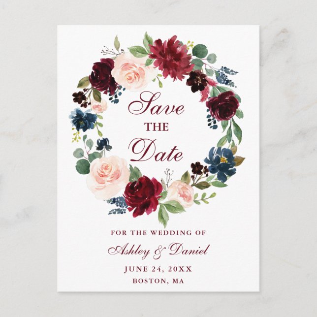 Burgundy Blue Floral Wreath Save the Date Announcement Postcard (Front)