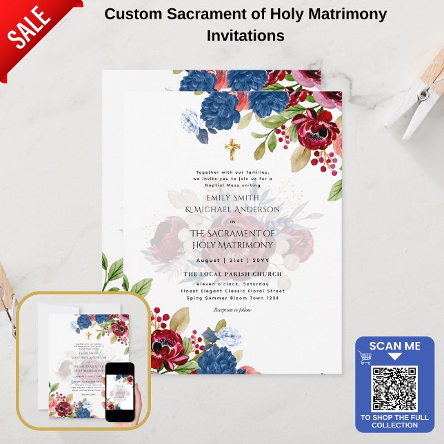 Burgundy Blue Flowers Catholic NuptialMass Wedding Invitation (Creator Uploaded)