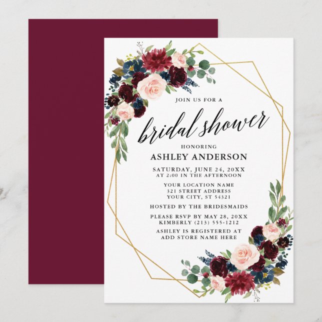 Burgundy Blue Geometric Gold Bridal Shower Invitation (Front/Back)