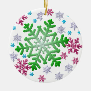 Burgundy Blue Green & Silver Snowflakes Ceramic Tree Decoration