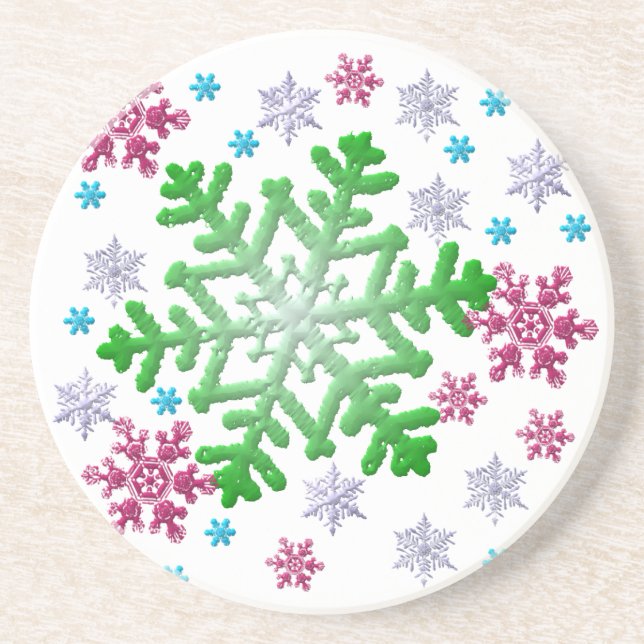 Burgundy Blue Green & Silver Snowflakes Coaster (Front)