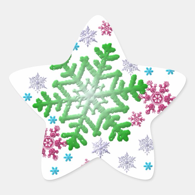 Burgundy Blue Green & Silver Snowflakes Star Sticker (Front)