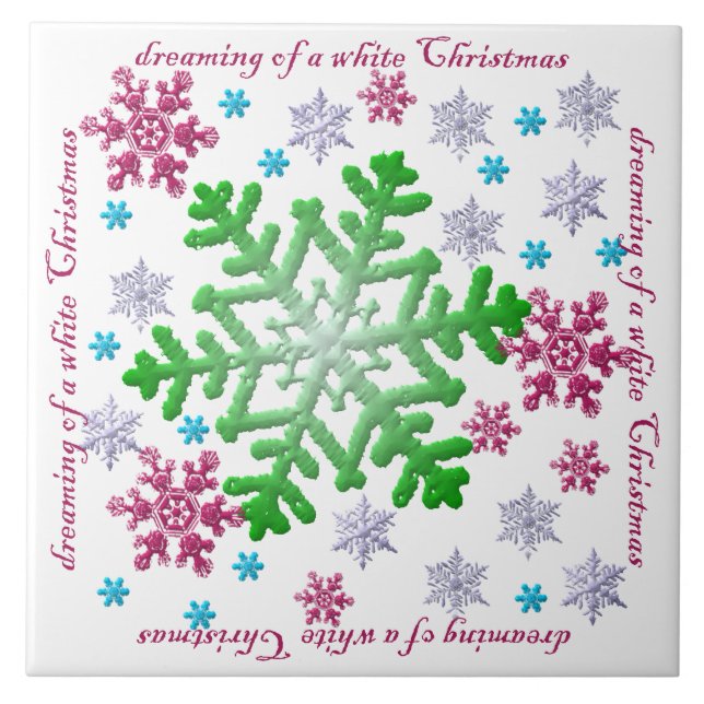 Burgundy Blue Green & Silver Snowflakes Tile (Front)
