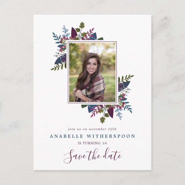 Burgundy Blue Leaves Sweet 16 Photo Save the Date Announcement Postcard (Front)