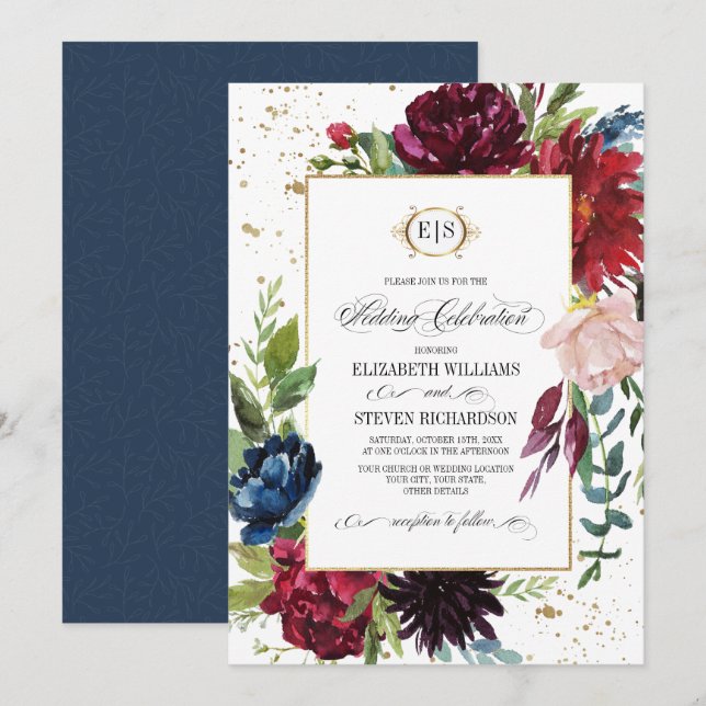 Burgundy | Blue |Marsala Floral Watercolor Wedding Invitation (Front/Back)