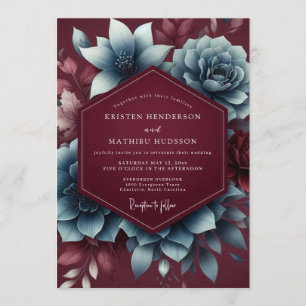 Burgundy & Blue Moody Bloom Wedding Invitation