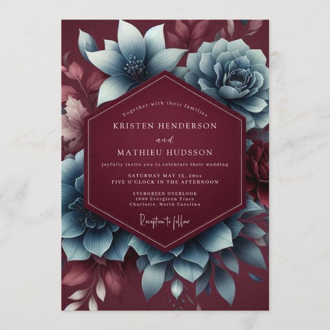 Burgundy & Blue Moody Bloom Wedding Invitation (Front)