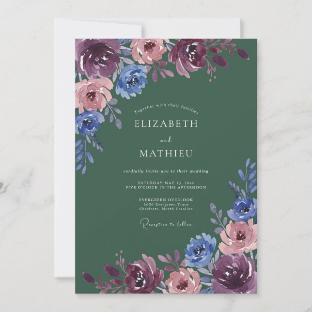 Burgundy Blue Painterly Blossom Wedding Invitation (Front)
