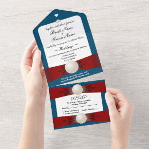 Burgundy & Blue Pearl Ribbon Wedding & RSVP All In One Invitation
