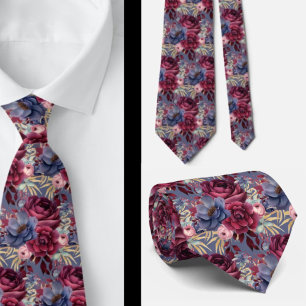 Burgundy Blue Periwinkle Blush Pink Floral Tie