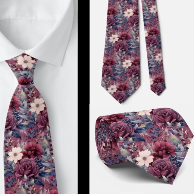 Burgundy Blue Periwinkle Blush Pink Floral Tie (Creator Uploaded)