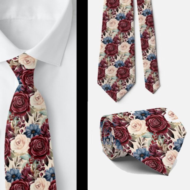 Burgundy Blue Periwinkle Cream Floral  Tie (Creator Uploaded)