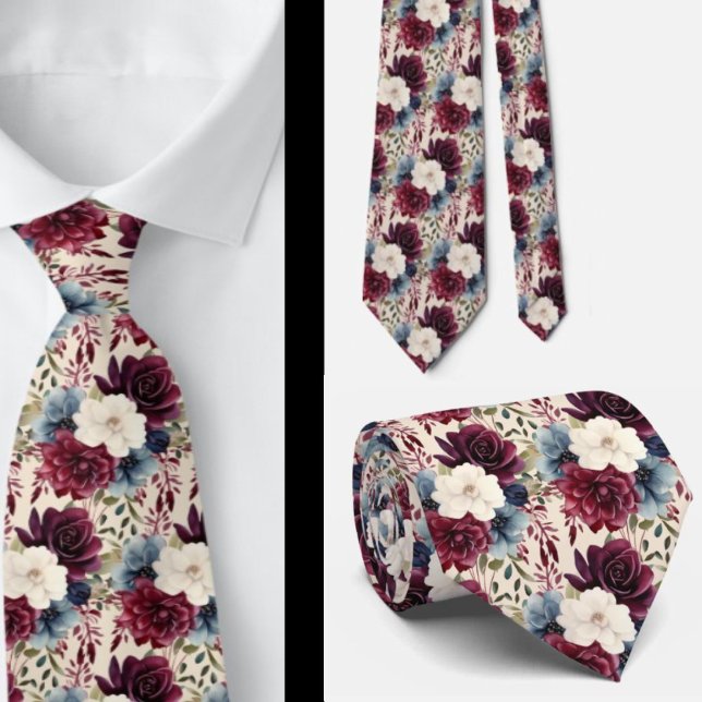 Burgundy Blue Periwinkle Ivory Floral Tie (Creator Uploaded)