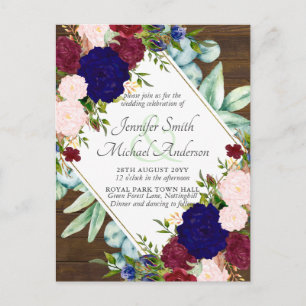 Burgundy Blue Pink Floral Save Date Wedding Invite Postcard