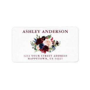 Burgundy Blue Pink Floral Wedding Return Address Label