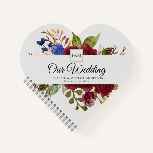 Burgundy Blue Pink Flowers Newlyweds Wedding Gifts Notebook (Front)