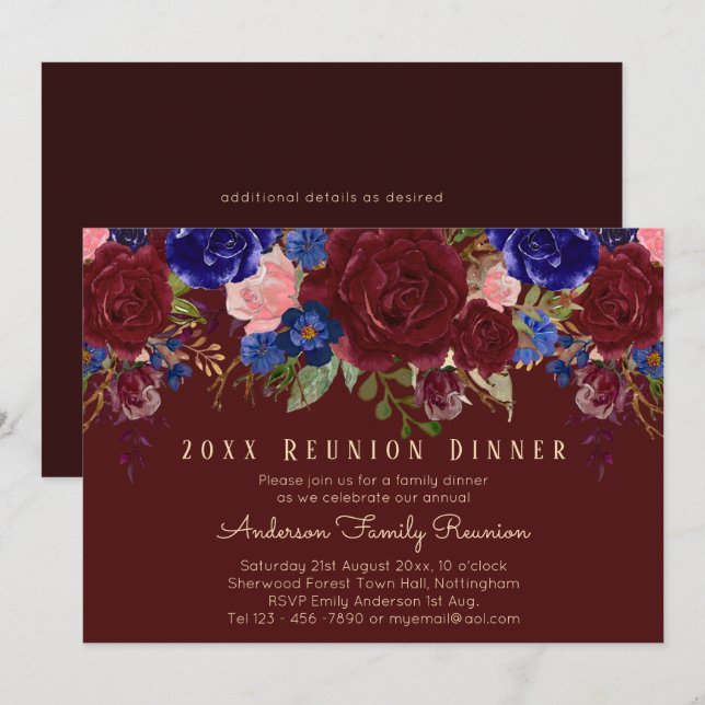 Burgundy Blue Pink Roses Floral Family Reunion Invitation (Front/Back)