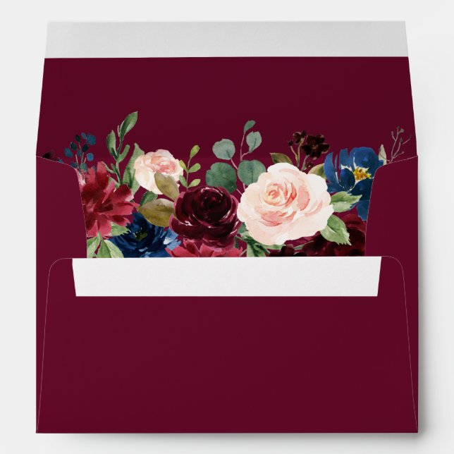 Burgundy Blue Pink Watercolor Floral Wedding Envelope (Back (Bottom))