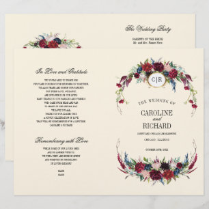 Burgundy   Blue   Red Floral Creme Wedding Program