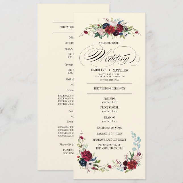 Burgundy | Blue | Red Floral Creme Wedding Program Invitation (Front/Back)