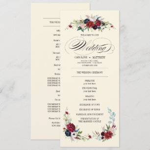 Burgundy   Blue   Red Floral Creme Wedding Program Invitation