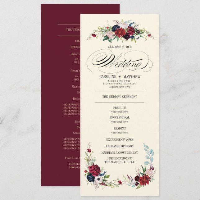 Burgundy | Blue | Red Floral Creme Wedding Program Invitation (Front/Back)