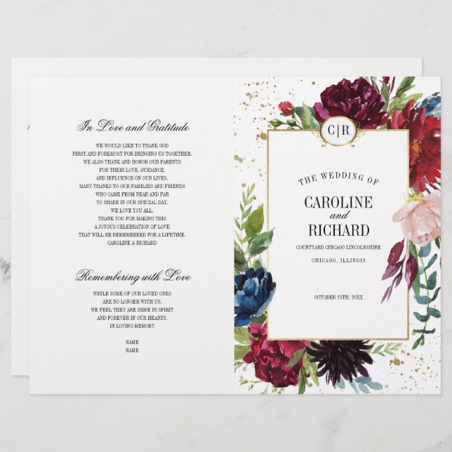 Burgundy | Blue | Red Floral Wedding Program (Front/Back)