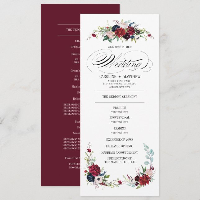 Burgundy | Blue | Red Floral Wedding Program Invitation (Front/Back)