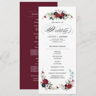 Burgundy Blue Red Floral Wedding Program Invitation