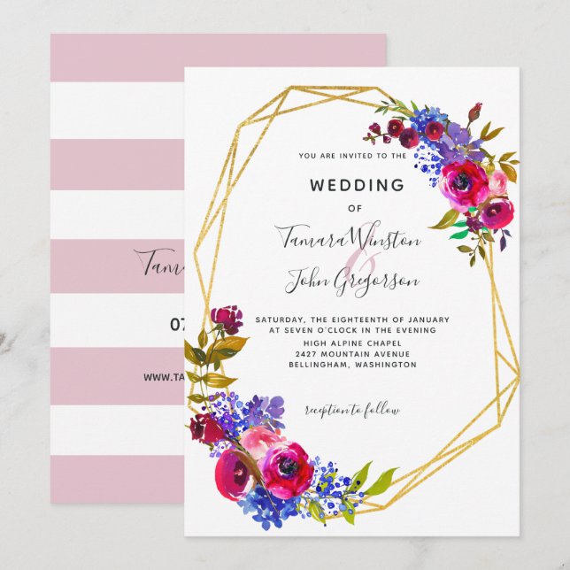 Burgundy Blue Rose Gold Geometric Wedding Invitation (Front/Back)
