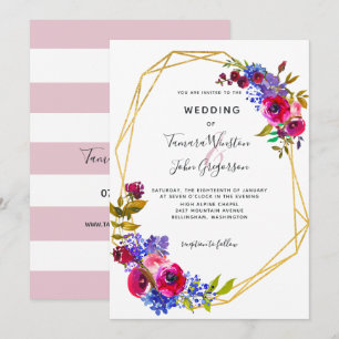 Burgundy Blue Rose Gold Geometric Wedding Invitation
