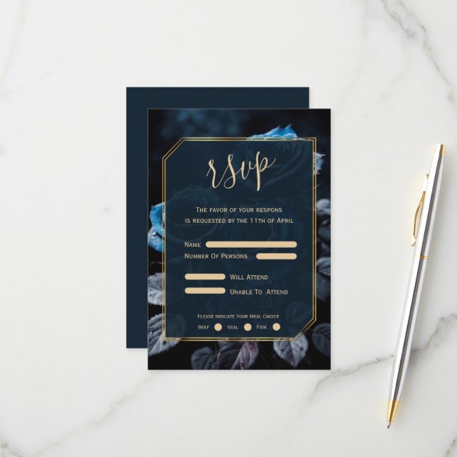 Burgundy Blue Roses Wedding RSVP Card (Front/Back In Situ)