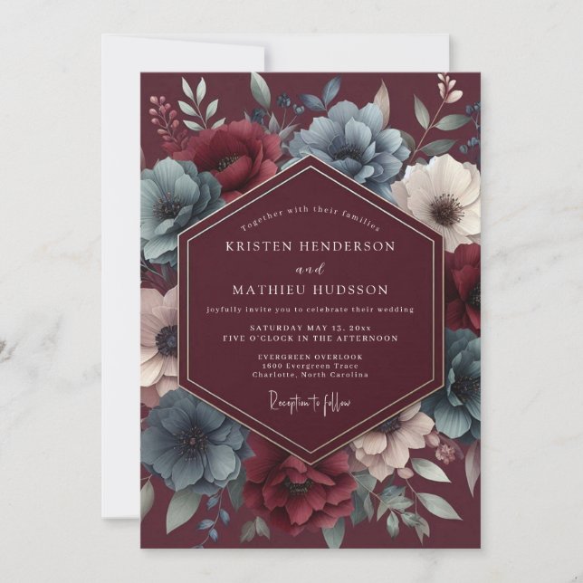 Burgundy & Blue Shadowy Bloom Wedding Invitation (Front)