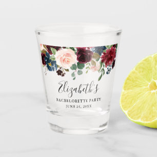 Burgundy Blue Watercolor Floral Bachelorette Party Shot Glass
