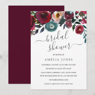 Burgundy Blue Watercolor Floral Bridal Shower Invitation