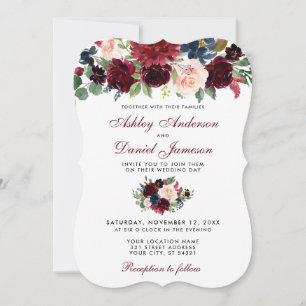 Burgundy Blue Watercolor Floral Elegant Wedding W Invitation