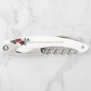 Burgundy Blue Watercolor Floral Gold Wedding Corkscrew