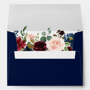 Burgundy Blue Watercolor Floral Wedding Invitation Envelope