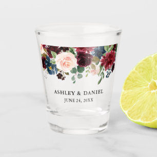 Burgundy Blue Watercolor Floral Wedding Shot Glass